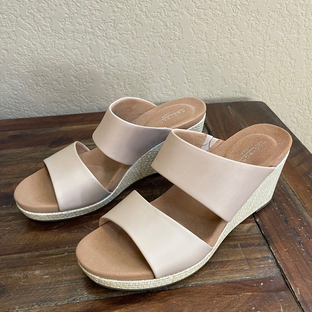 Rockport Briah Slide Beige Leather Wedge Sandals Womens 8M TruTech Comfort